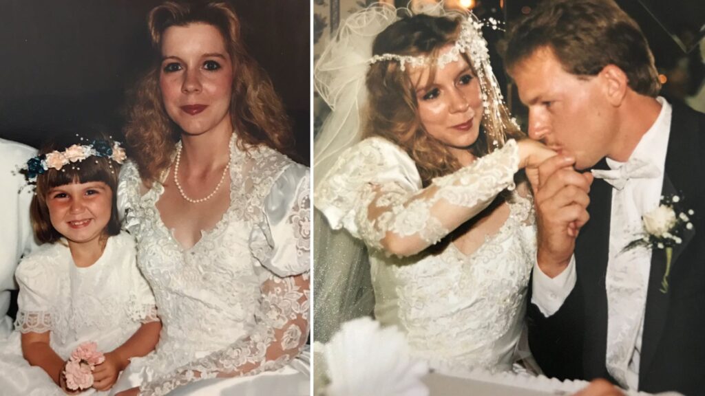 Composite image of missing nurse Audrey May Herron in a wedding dress with her husband, alongside a separate photo of Herron with her daughter, Sonsia Court. 