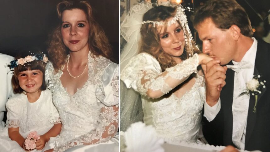 Composite image of missing nurse Audrey May Herron in a wedding dress with her husband, alongside a separate photo of Herron with her daughter, Sonsia Court.