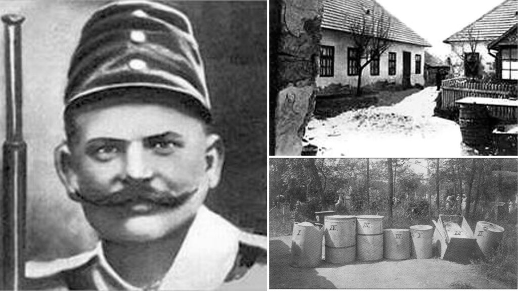 Archival style image representing the 1916 Cinkota investigation into Béla Kiss and sealed metal drums found at his rented property.