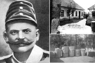 Archival style image representing the 1916 Cinkota investigation into Béla Kiss and sealed metal drums found at his rented property.