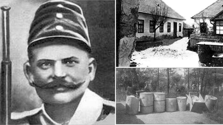 Archival style image representing the 1916 Cinkota investigation into Béla Kiss and sealed metal drums found at his rented property.