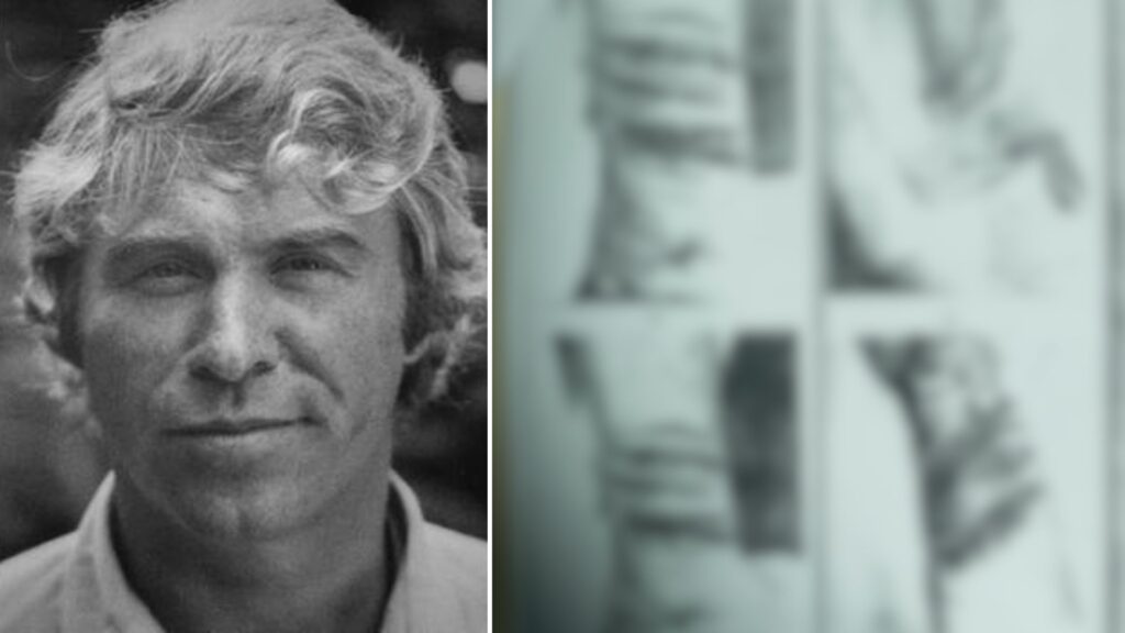 Portrait of investigative journalist Danny Casolaro next to a blurred crime scene sketch showing wrist injuries referenced in the official investigation of his death.