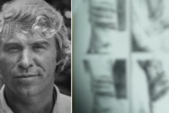 Portrait of investigative journalist Danny Casolaro next to a blurred crime scene sketch showing wrist injuries referenced in the official investigation of his death.