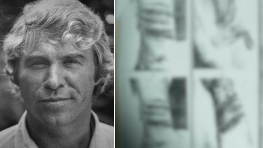 Portrait of investigative journalist Danny Casolaro next to a blurred crime scene sketch showing wrist injuries referenced in the official investigation of his death.