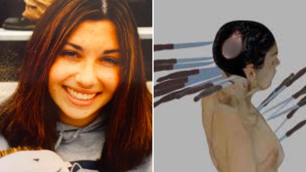 Side by side image of Ellen Greenberg smiling in a personal photo and a forensic illustration showing multiple stab wounds to the head, neck, and upper body.