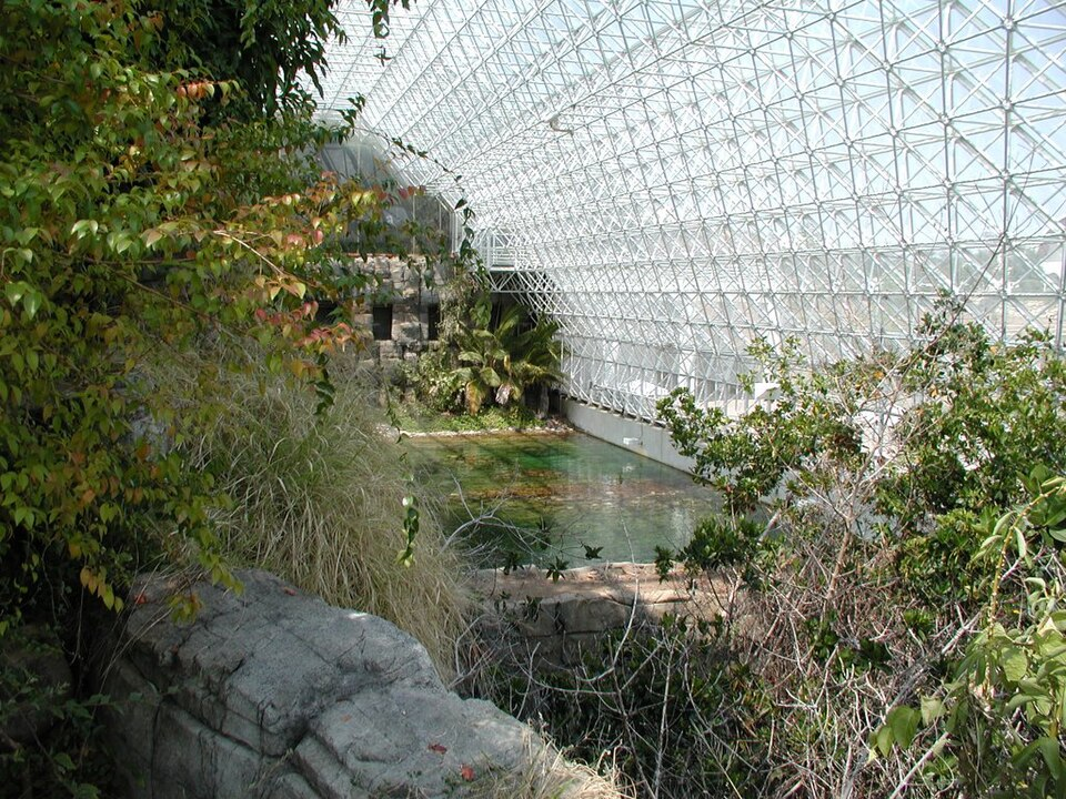 Inside view of Biosphere 2 vegetation and glass framework.