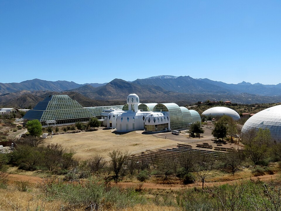 Biosphere 2 campus overview with multiple structures.
