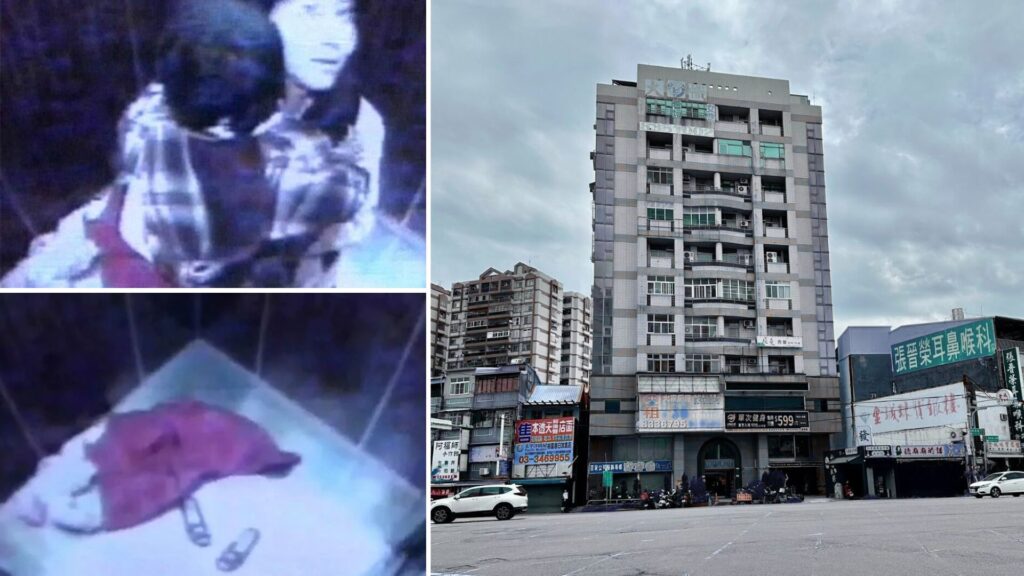Collage of elevator CCTV footage showing Liu Huijun and her daughter, clothing left on the elevator floor, and the exterior of the Yuanlin building in Changhua County, Taiwan, where they disappeared.