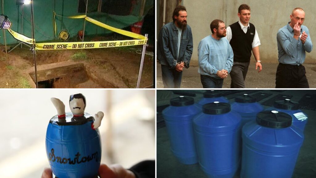 Collage of scenes connected to the Snowtown murders, including police excavation work, suspects in custody, and barrels central to the investigation.