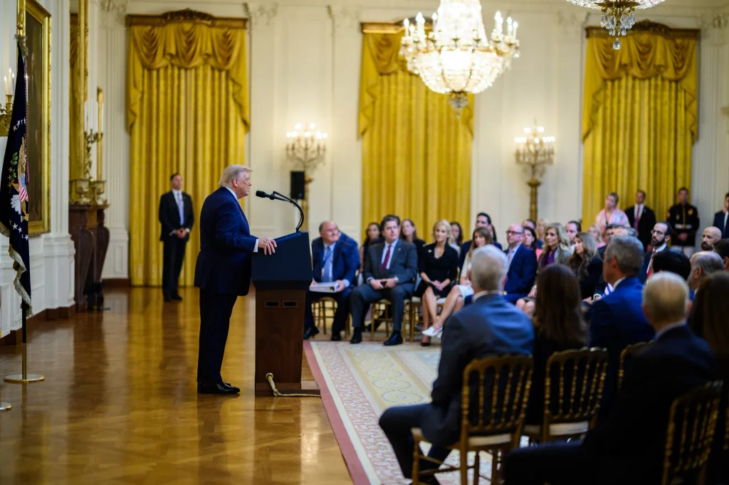 President Donald Trump delivers remarks at the White House in July 2026.